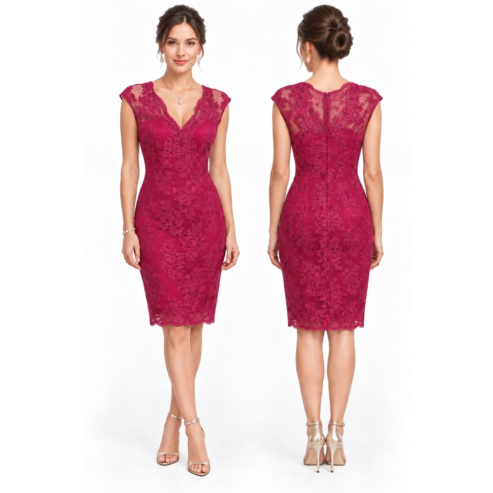 David Meister Lace Sheath Dress 4 Magenta Pink V-Neck Cap Sleeve Cocktail